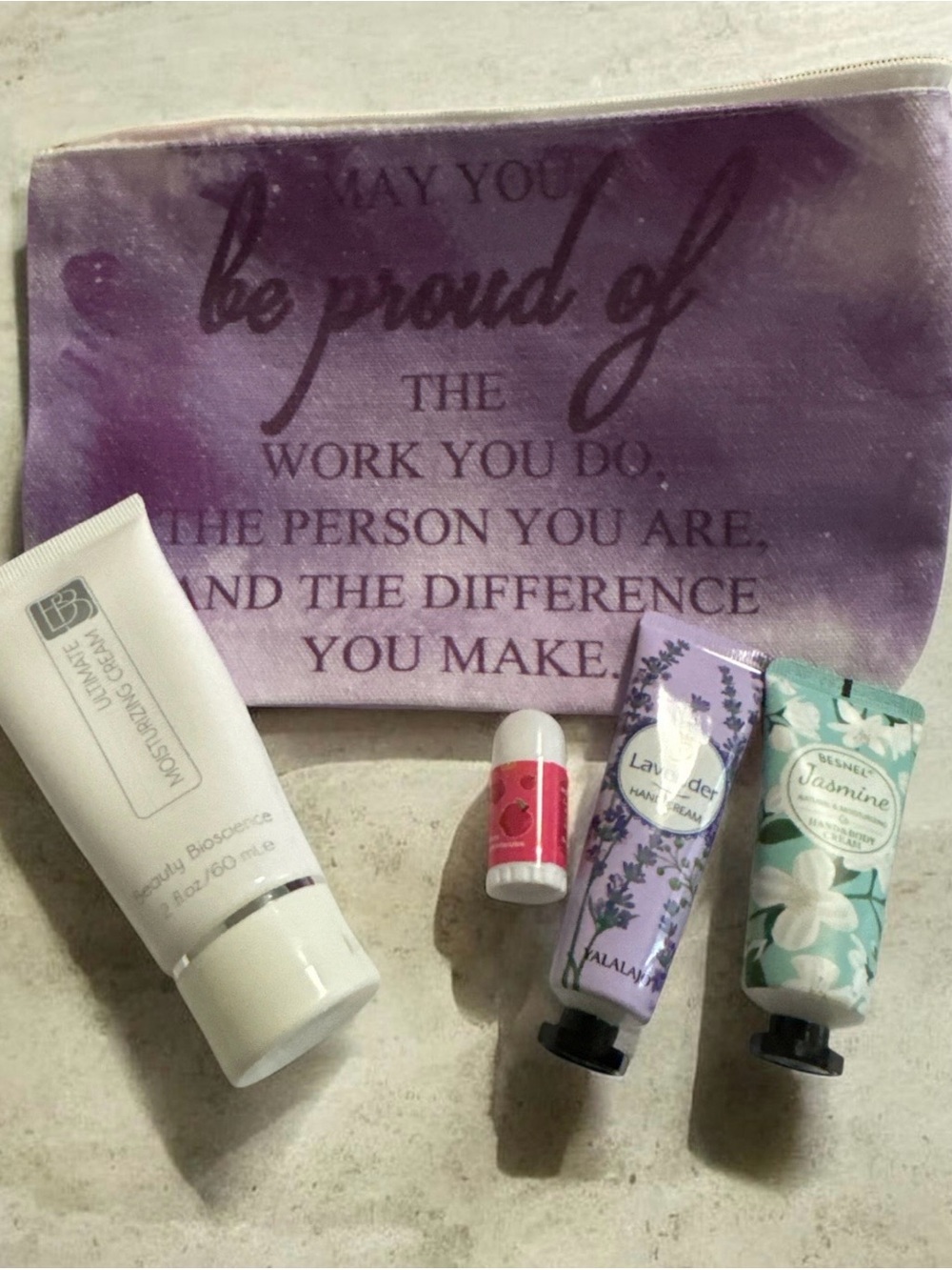 Purple Inspirational Makeup Bag with Floral Hand Creams